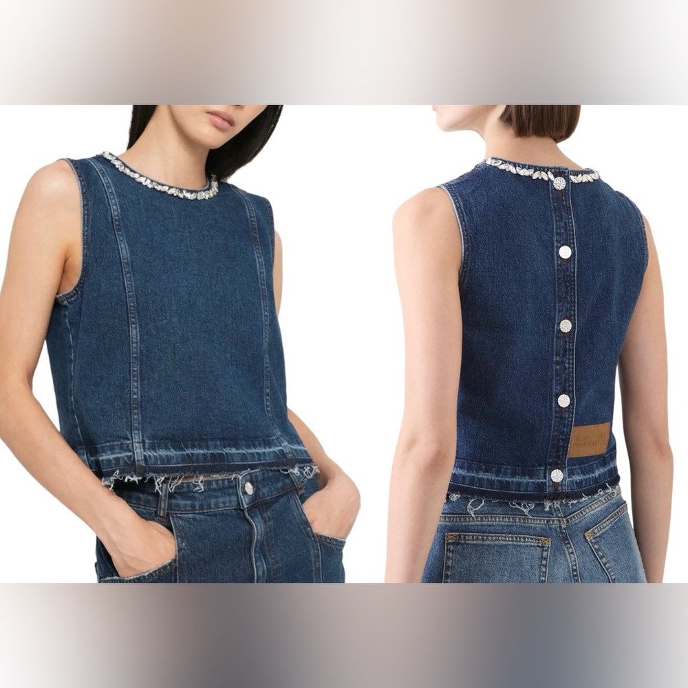 Sleeveless Dark Blue Denim Top with Embellished Neckline